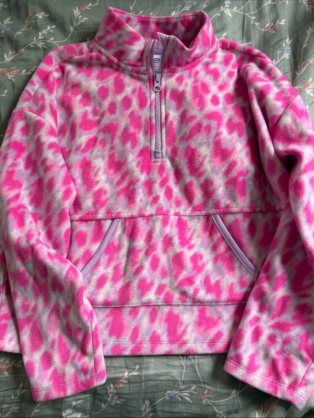 Athletic Works Pink & White Leopard Quarter-Zip Fleece Pullover